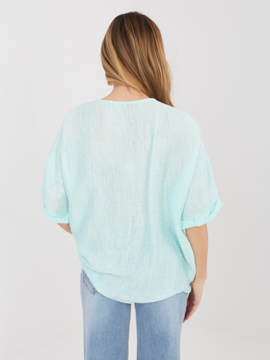 Bluză verde mentă cu decolteu în V și mâneci scurte