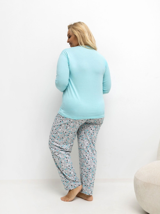 Pijamă din bumbac cu model floral și nasturi, verde mentă