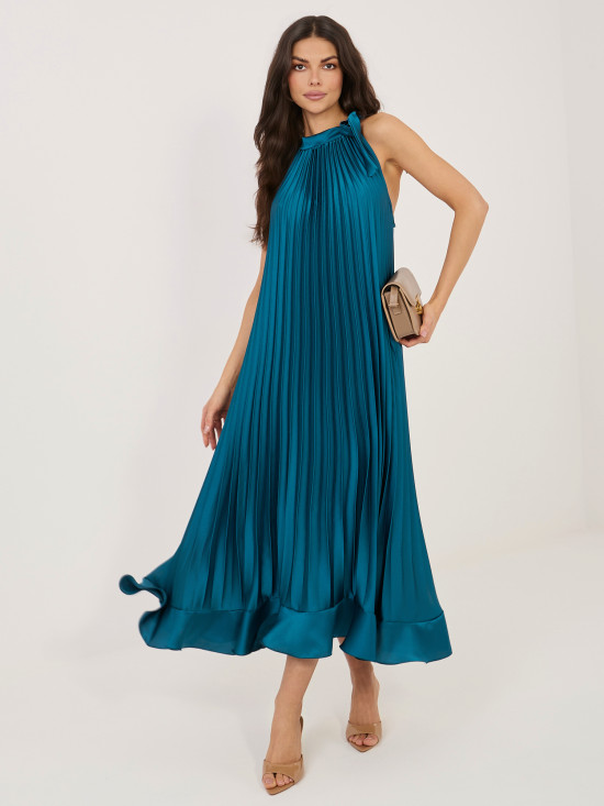 Rochie midi de cocktail albastră cu cordon și volan