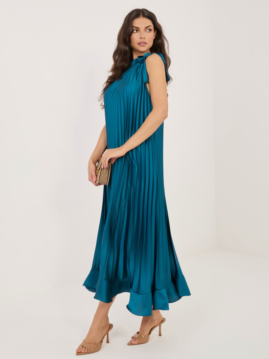 Rochie midi de cocktail albastră cu cordon și volan