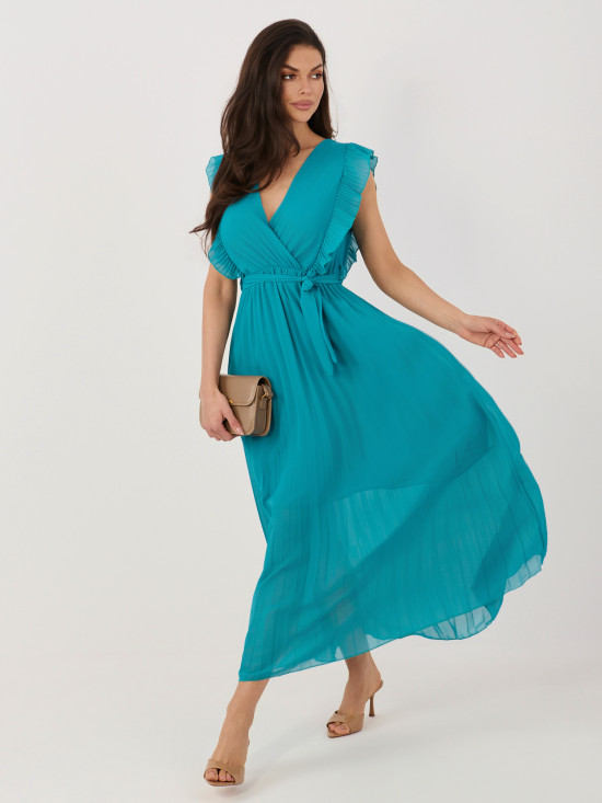 Rochie midi albastră evazată cu curea