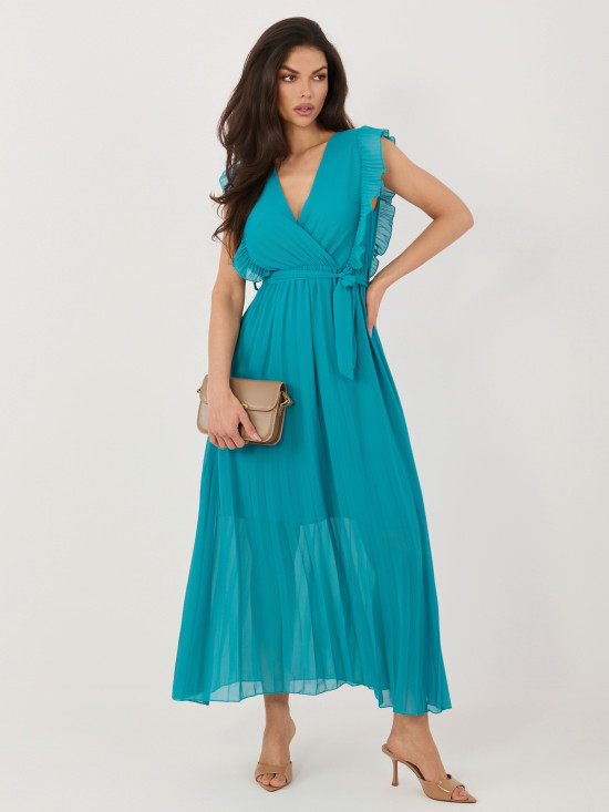 Rochie midi albastră evazată cu curea