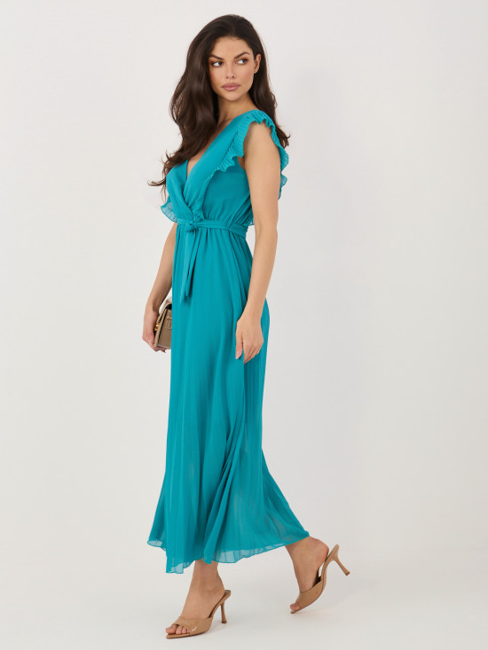 Rochie midi albastră evazată cu curea