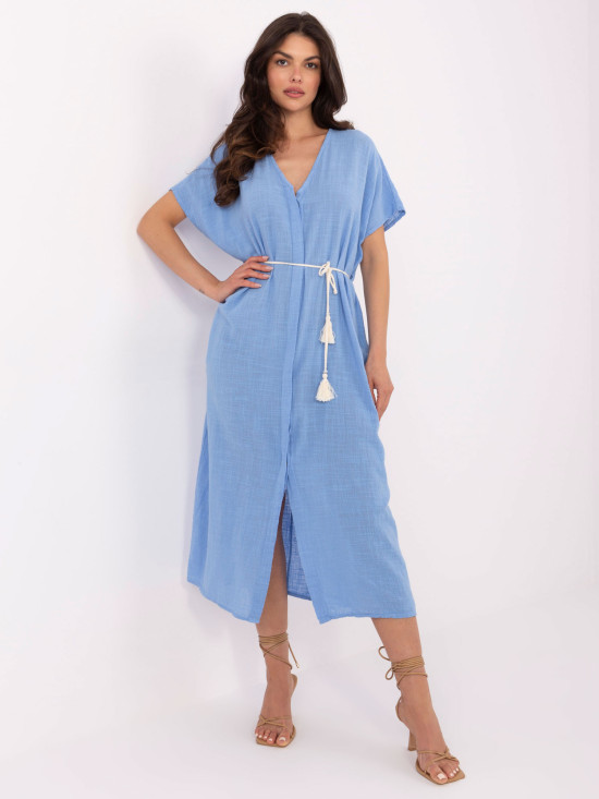 Rochie oversize albastră cu curea și buzunare
