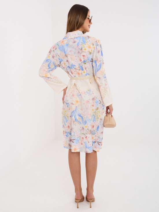 Rochie cămașă albastră cu imprimeu floral și curea