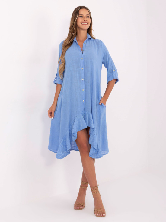 Rochie asimetrică albastră cu mâneci 3/4