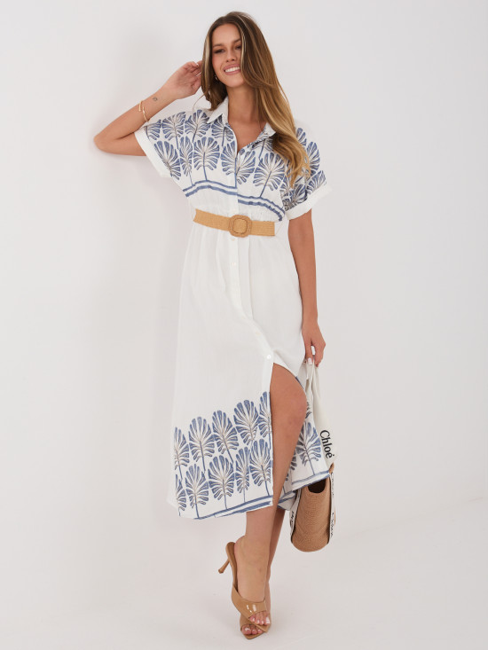 Rochie midi cămașă alb-albastră cu broderie și curea