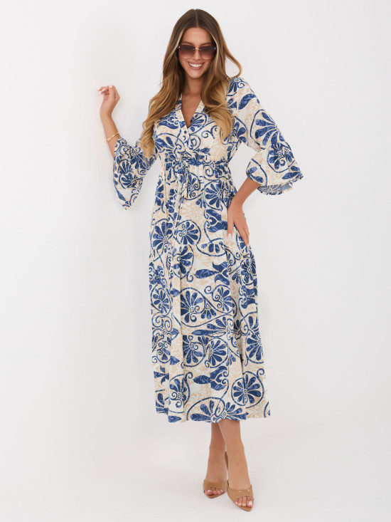 Rochie midi albastră cu imprimeu și cordon