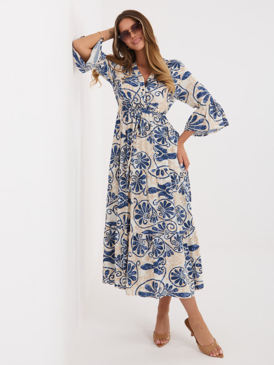 Rochie midi albastră cu imprimeu și cordon