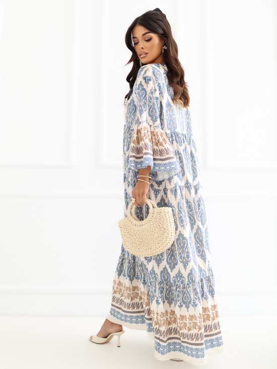 Rochie maxi albastră cu imprimeu și mâneci 3/4