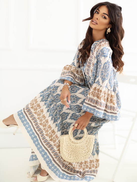 Rochie maxi albastră cu imprimeu și mâneci 3/4