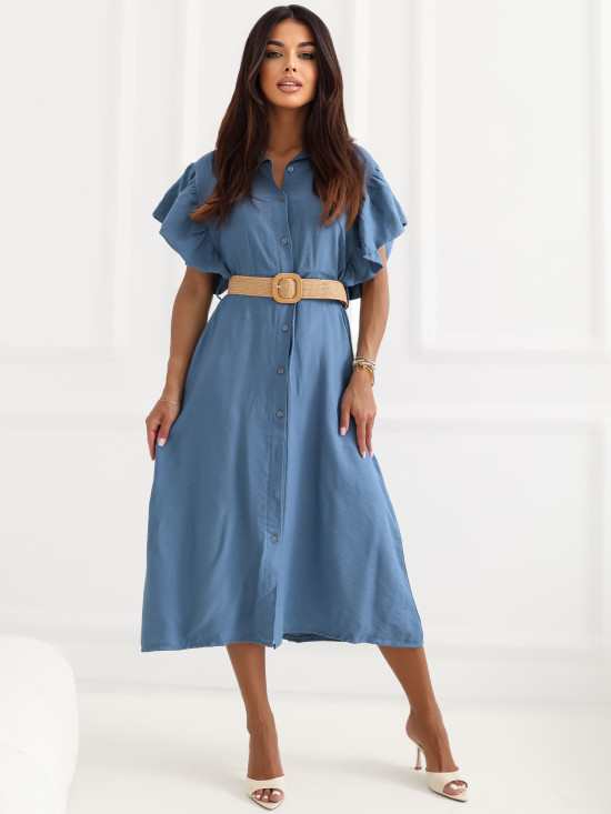 Rochie midi albastră evazată cu curea și volan