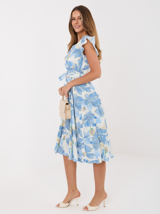 Rochie midi albastră evazată cu curea și volan