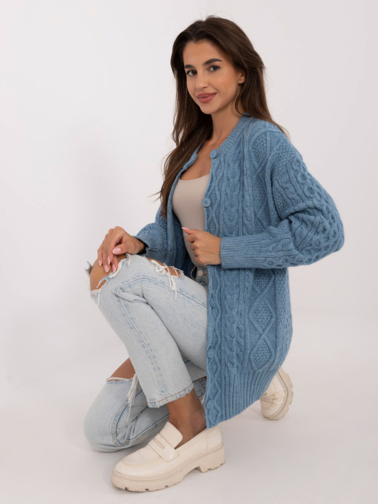 Cardigan lung albastru cu nasturi și textură