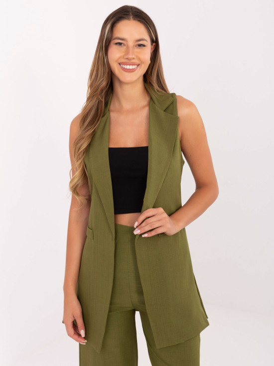 Vestă lungă elegantă verde măsliniu cu căptușeală