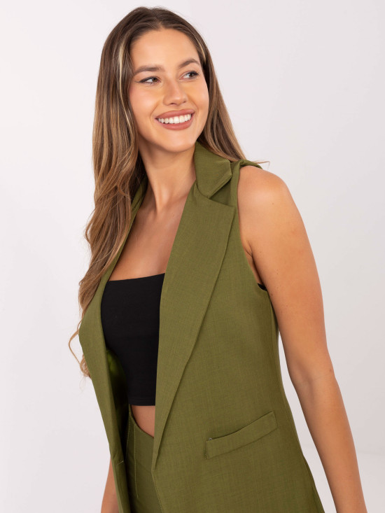 Vestă lungă elegantă verde măsliniu cu căptușeală