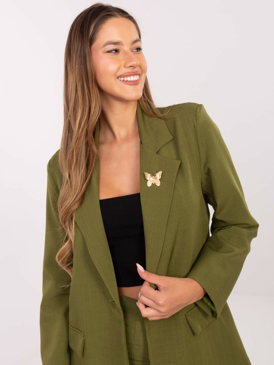 Sacou elegant verde măsliniu cu căptușeală și broșă