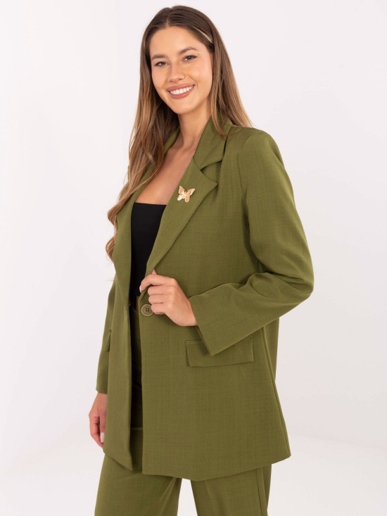 Sacou elegant verde măsliniu cu căptușeală și broșă