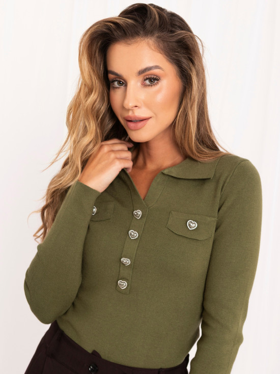 Pulover elegant kaki cu guler și nasturi