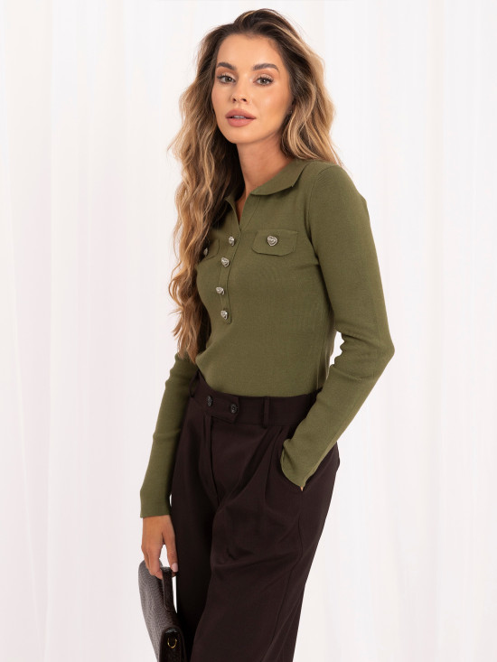 Pulover elegant kaki cu guler și nasturi