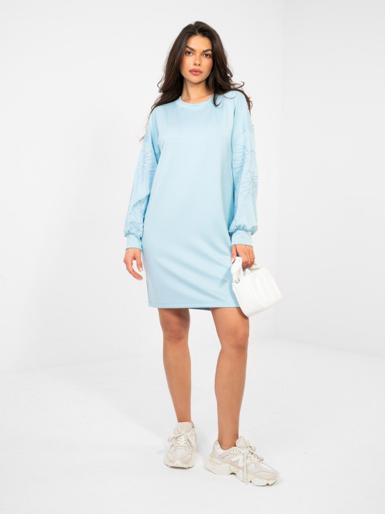 Rochie mini bleu cu broderie și mâneci bufante