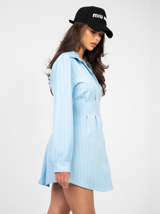 Rochie-cămașă mini cu dungi și guler, albastră