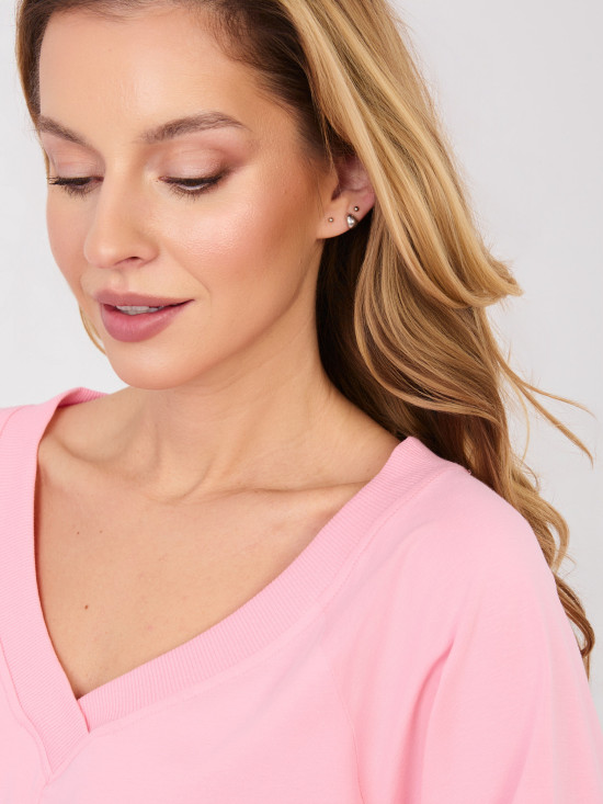 Rochie roz din bumbac cu mâneci 3/4 și decolteu în V