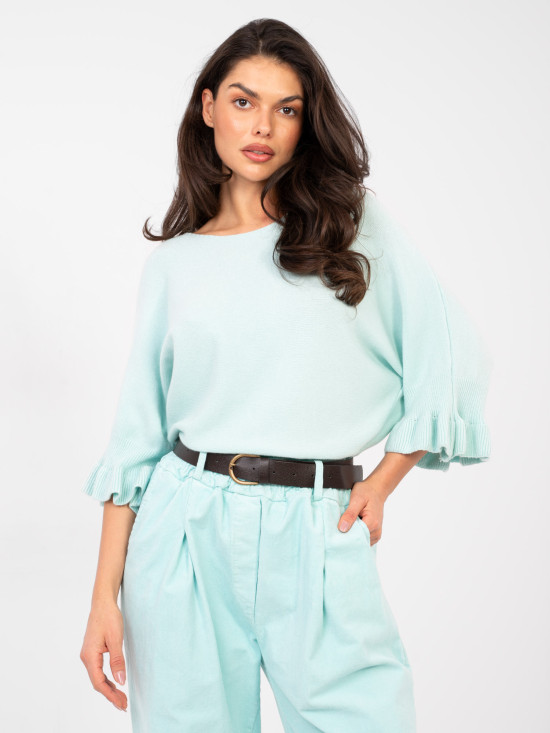 Pulover elegant albastru deschis cu volan și mânecă 3/4