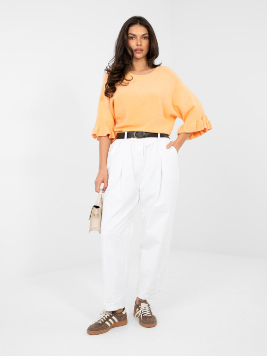 Pulover elegant portocaliu cu volan și mâneci 3/4