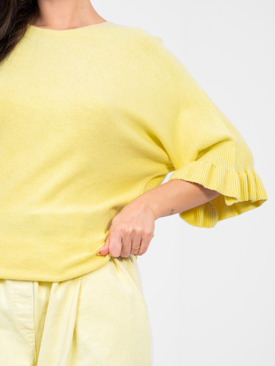 Pulover galben elegant cu volan și mâneci 3/4