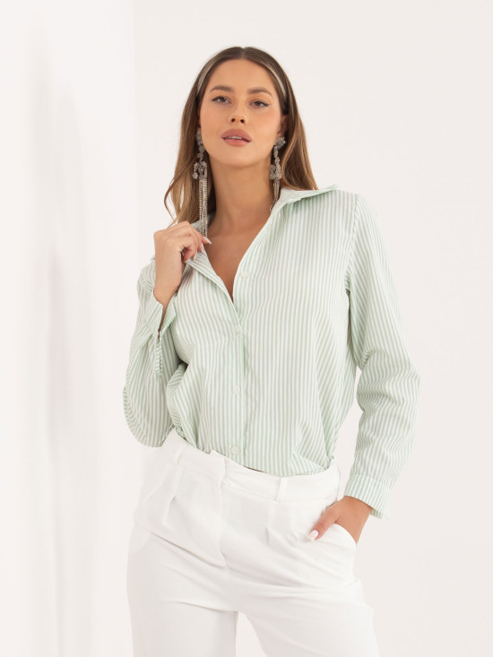 Cămașă cu dungi, verde fistic, mânecă lungă