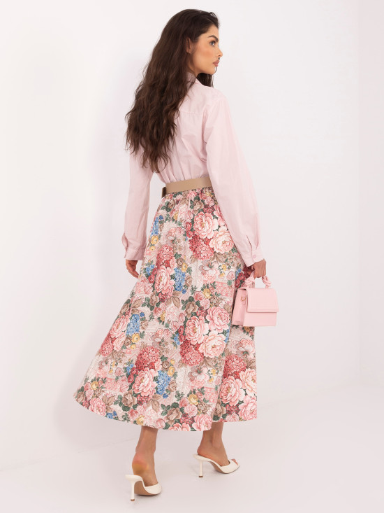 Fustă midi roz cu imprimeu floral și curea