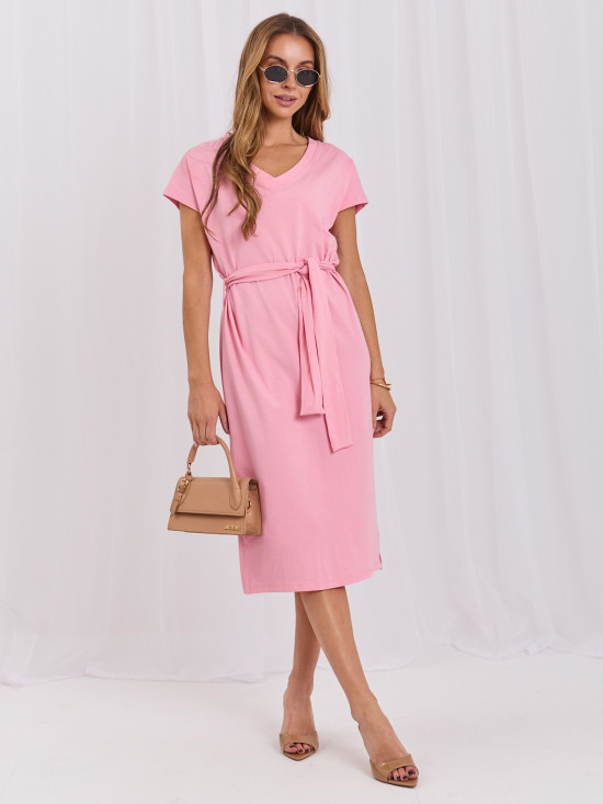 Rochie midi roz din bumbac cu curea