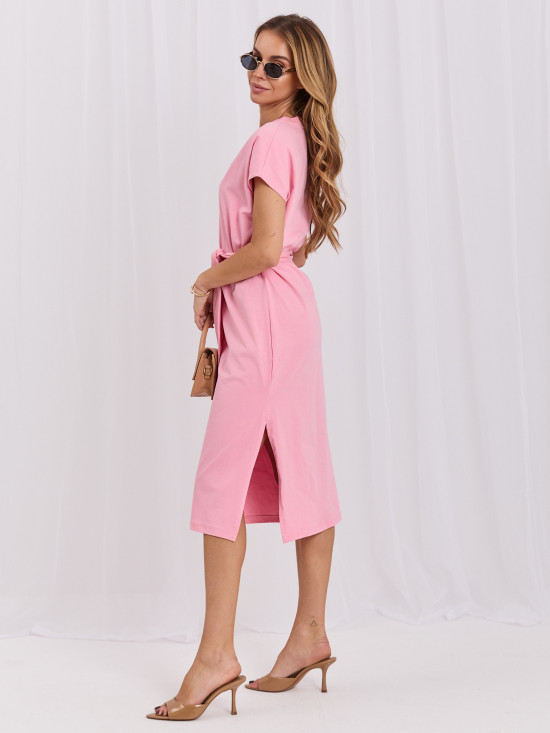 Rochie midi roz din bumbac cu curea
