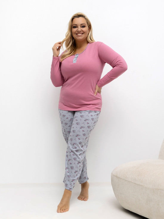 Pijamă din bumbac cu model floral și buline, roz