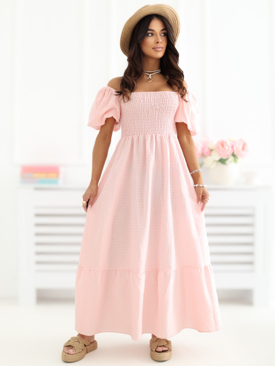 Rochie midi portocalie cu volan și model în carouri