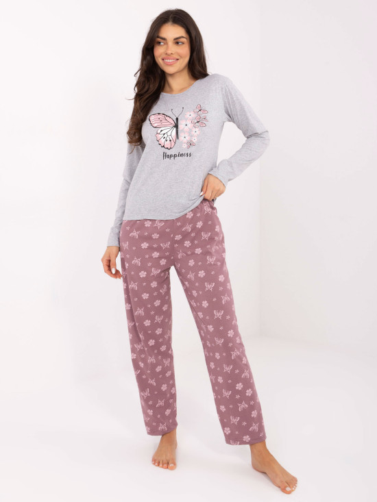 Pijamă damă gri din bumbac cu imprimeu