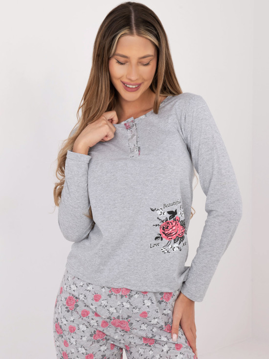 Pijamă din bumbac cu model floral, gri