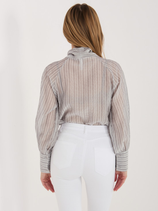 Cămașă clasică gri cu dungi, șnur decorativ și mâneci bufante