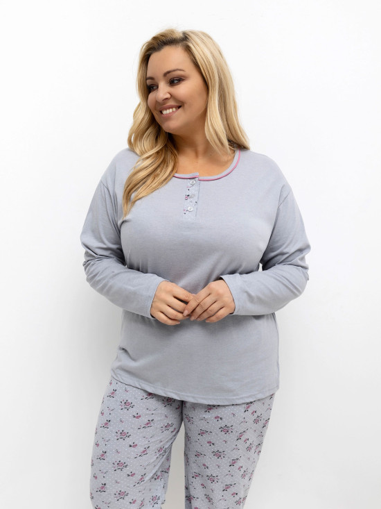 Pijamă damă gri cu model floral și buline