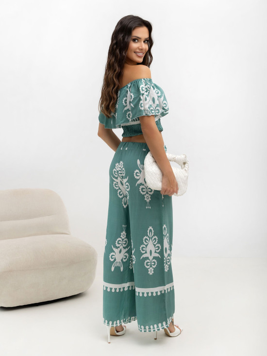 Set boho cu bluză și pantaloni turcoaz
