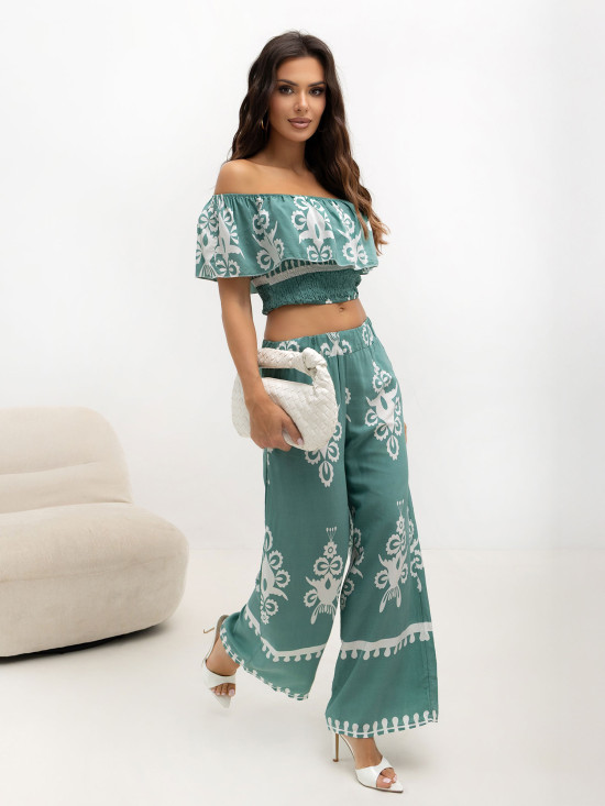 Set boho cu bluză și pantaloni turcoaz