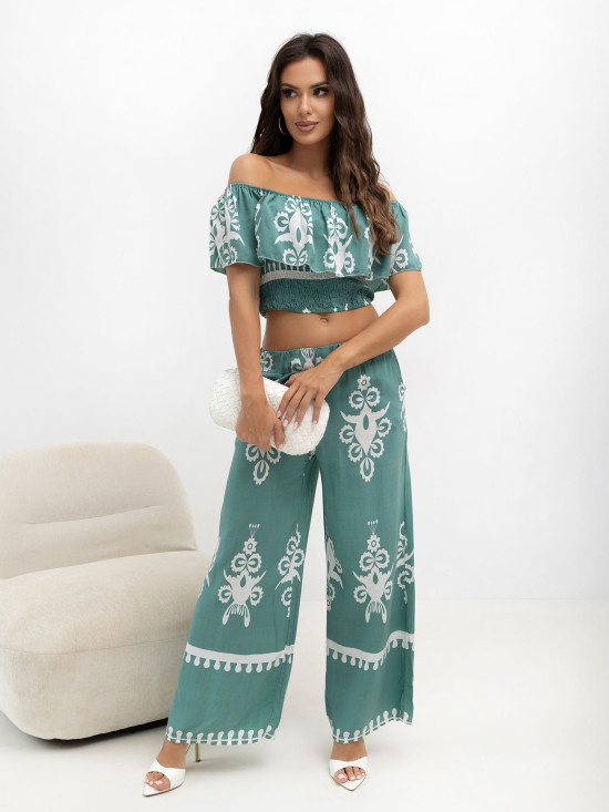 Set boho cu bluză și pantaloni turcoaz
