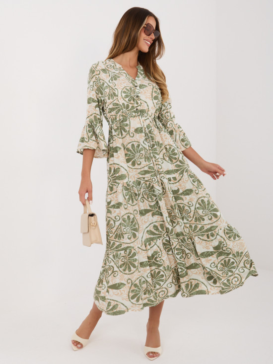 Rochie midi verde cu imprimeu și cordon