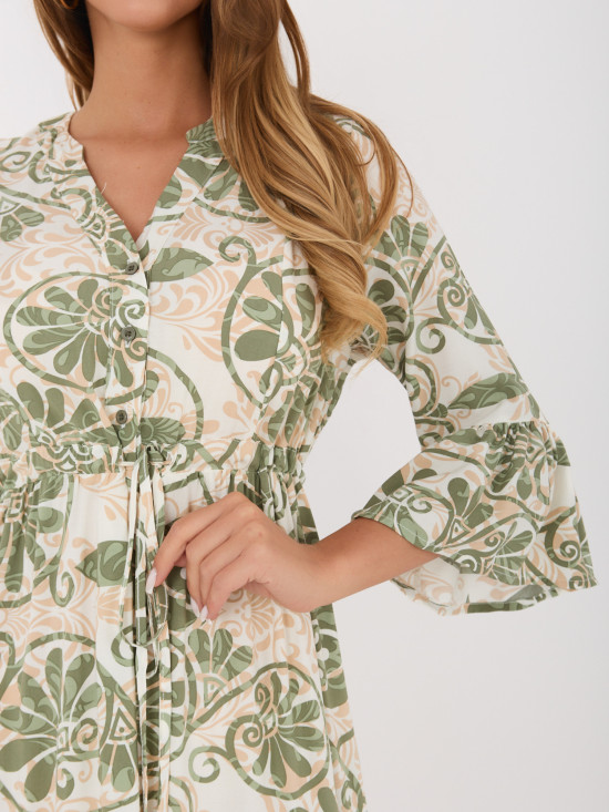 Rochie midi verde cu imprimeu și cordon