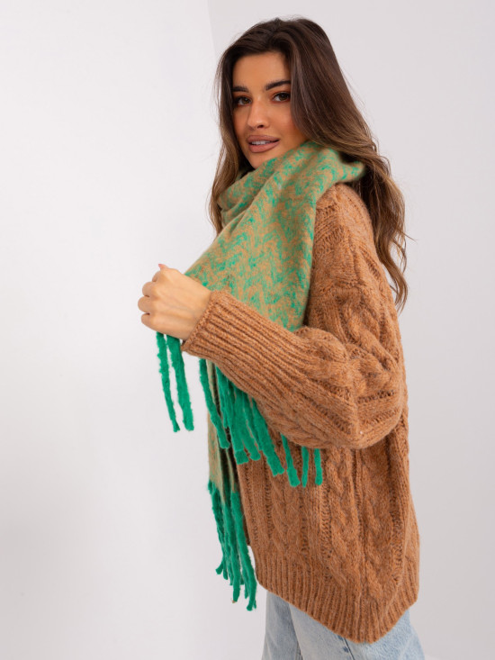Șal damă verde-camel cu model geometric