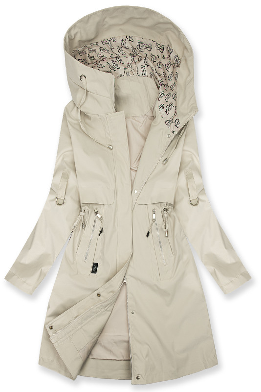 Parka lungă cu imprimeu în glugă ecru