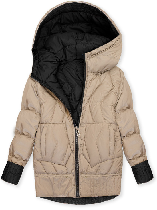 Geacă de damă reversibilă cu glugă neagră/bej