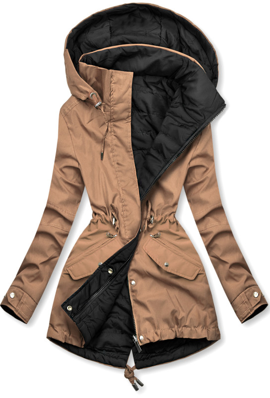 Parka reversibilă de tranziție cu glugă maro bej/negru