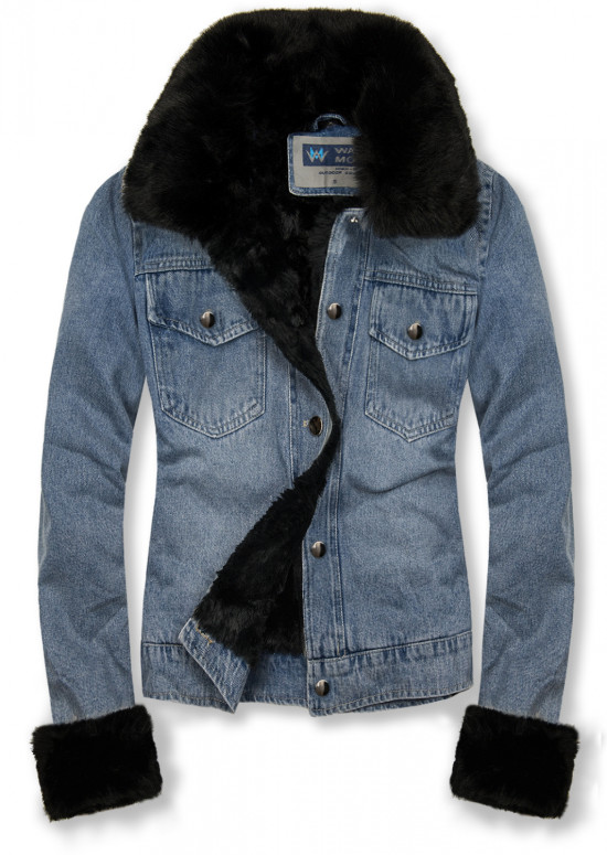 Jachetă albastră denim cu blană neagră
